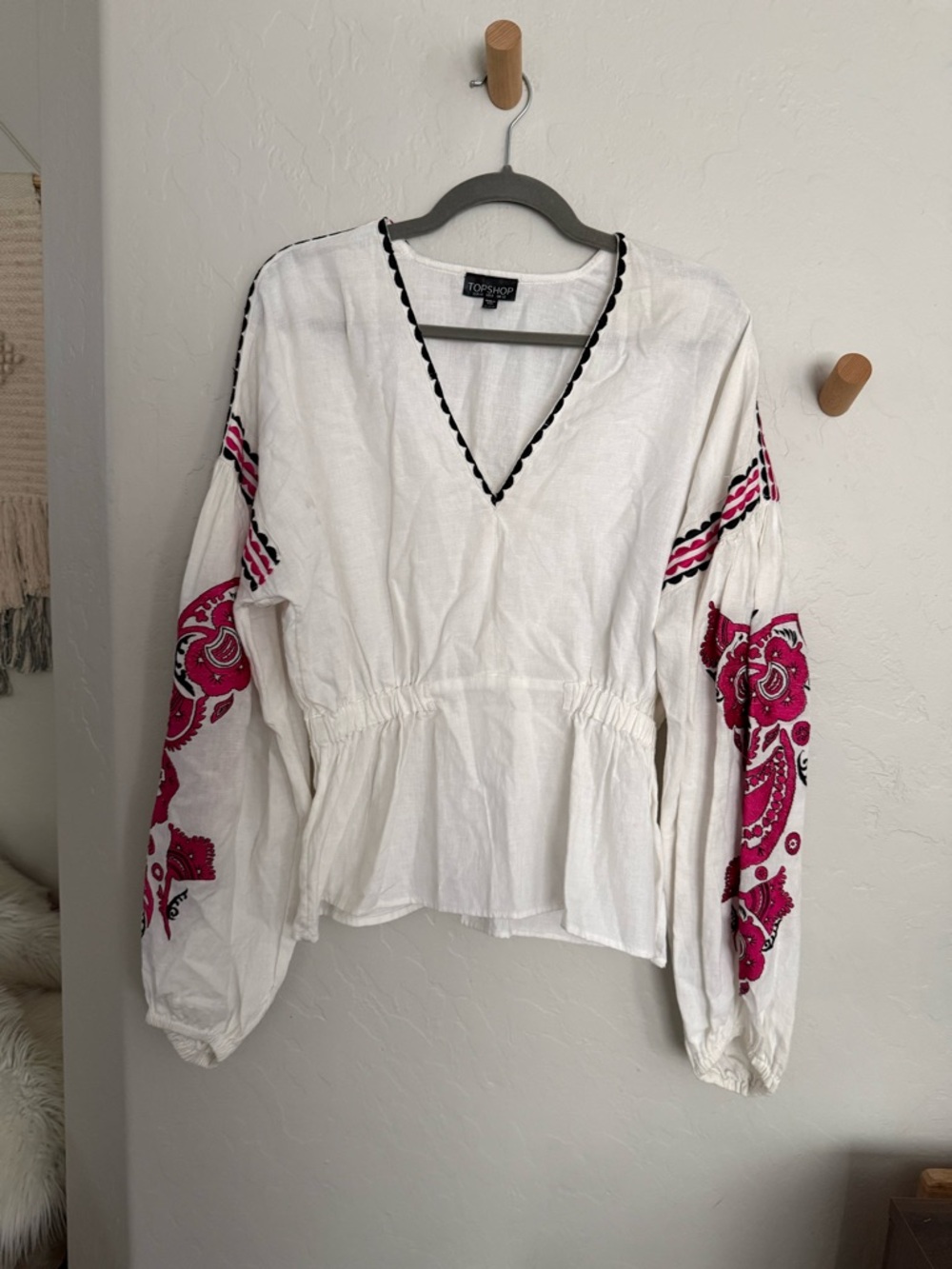 Topshop White Peasant Blouse with Pink Embroidered Sleeves
